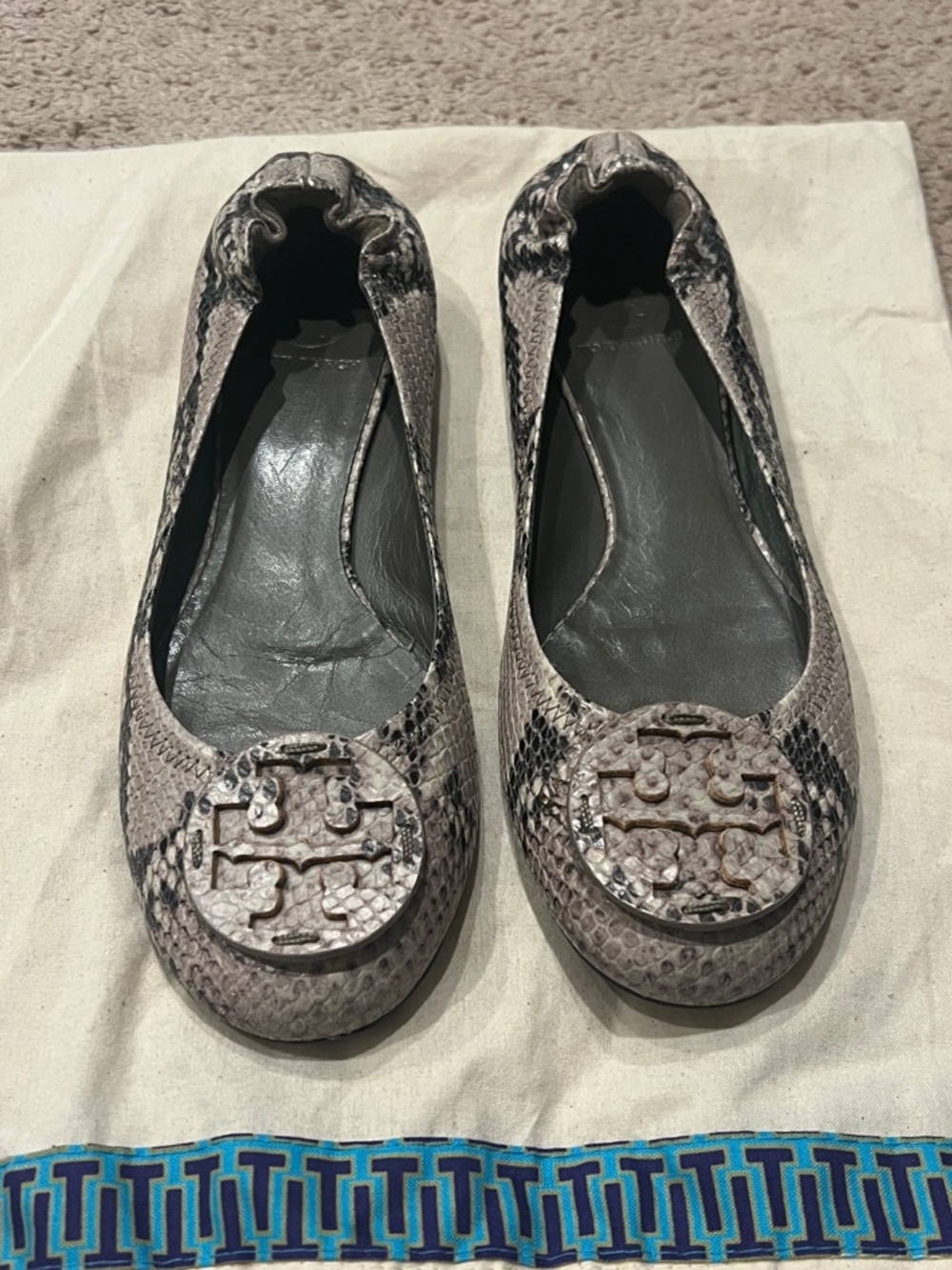 Tory Burch Snakeskin-Print Reva Ballet Flats in Taupe